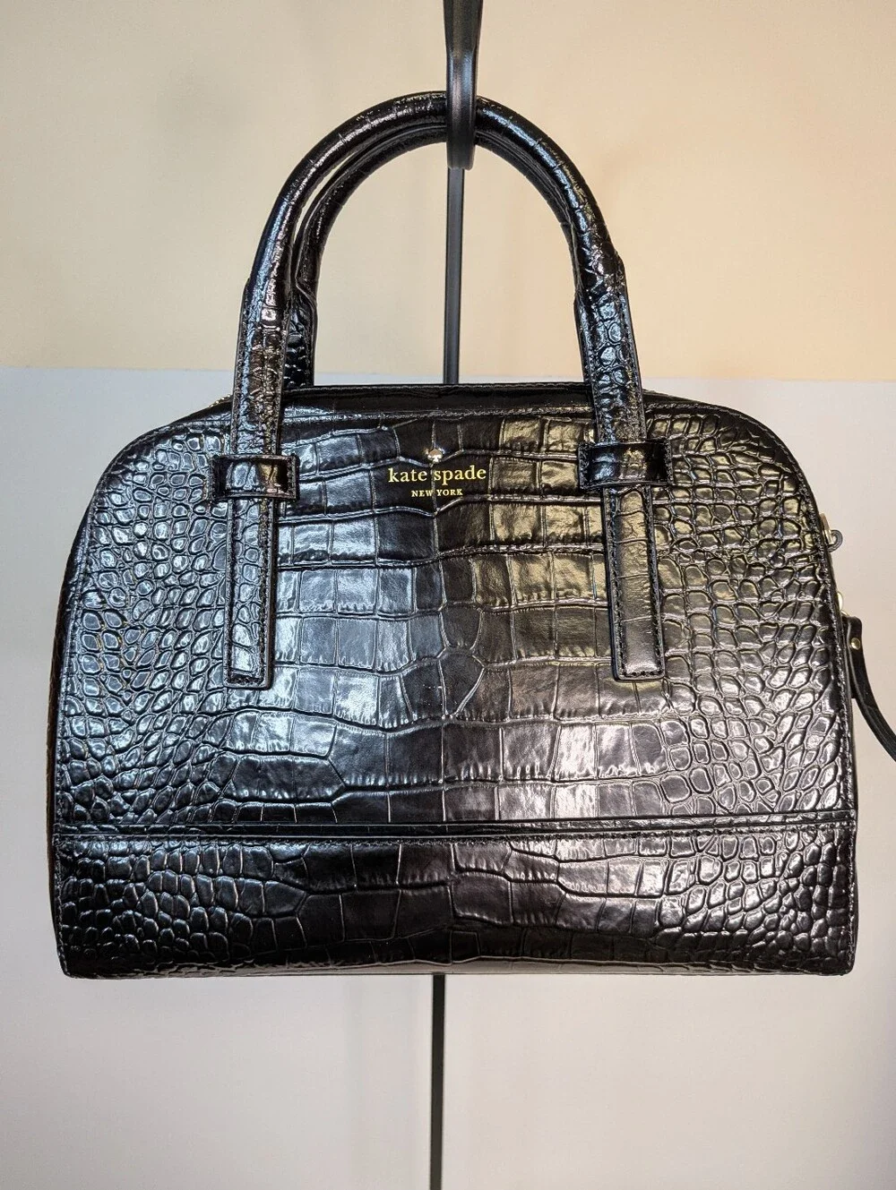 Kate Spade Black Glossy Croc Leather Satchel Handbag